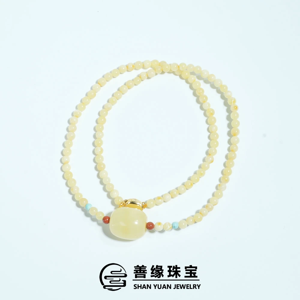 【善缘】天然俄料蜜蜡圆珠颈链4mm+蜜蜡大桶珠 长度47cm