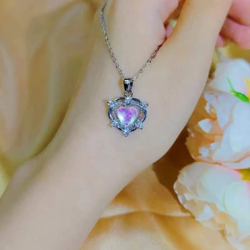 钛钢项链 银色时尚海洋之心气质镶嵌坠链轻奢百搭钛钢锁骨项链