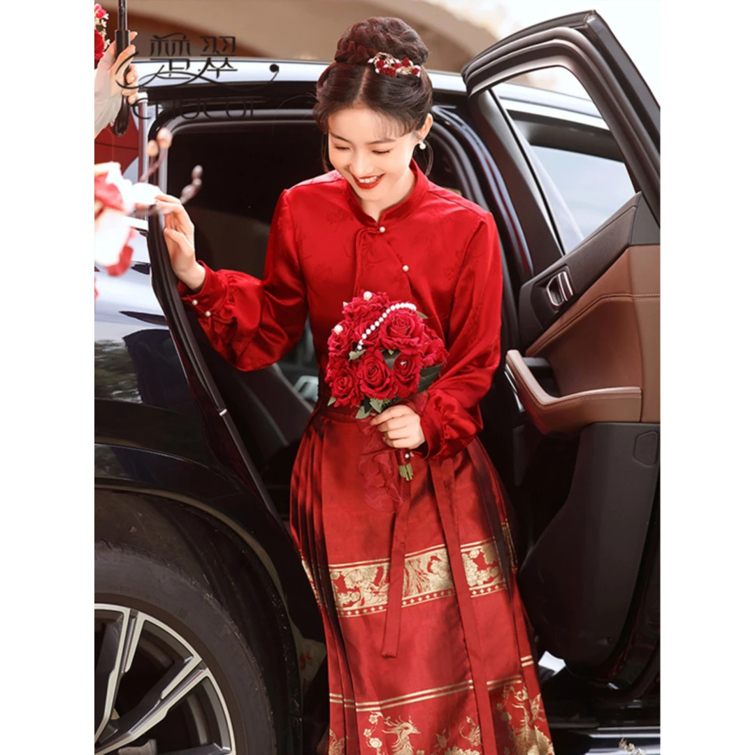 【现货】女秋季国风汉服新中式加绒气质敬酒服套装小个子上衣马面裙