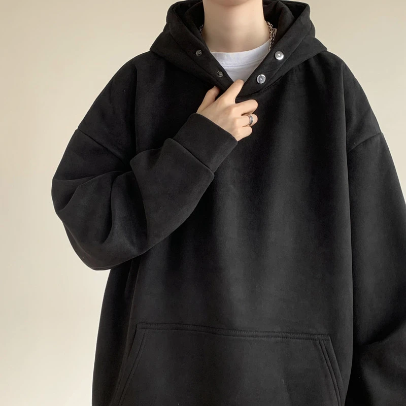 400g重磅卫衣男款秋冬季加绒保暖衣服纯色简约宽松排扣连帽套头衫
