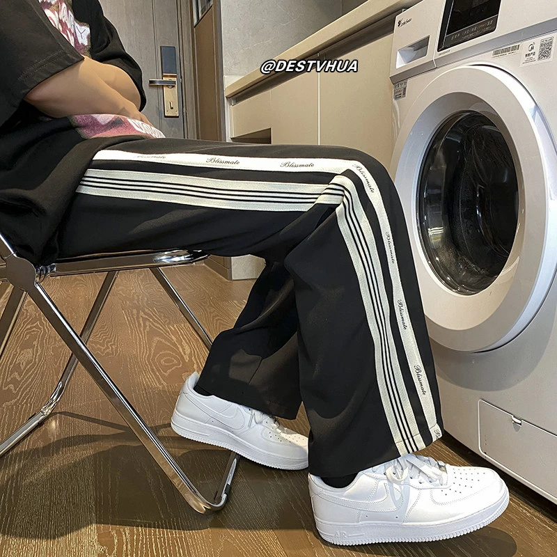 侧边条纹裤子男夏季薄款潮牌运动裤冰丝休闲裤痞帅百搭宽松直筒裤