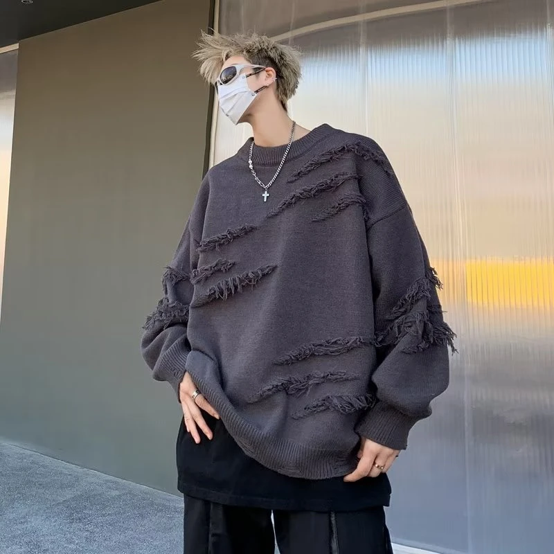 圆领毛衣男款冬季美式高街小众设计感针织衫宽松慵懒风毛线衣外套