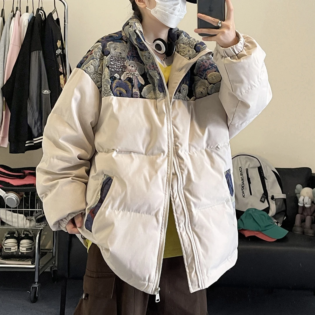 棉服男款2023冬季新款小熊拼接印花棉衣美式复古国潮棉袄冬装外套