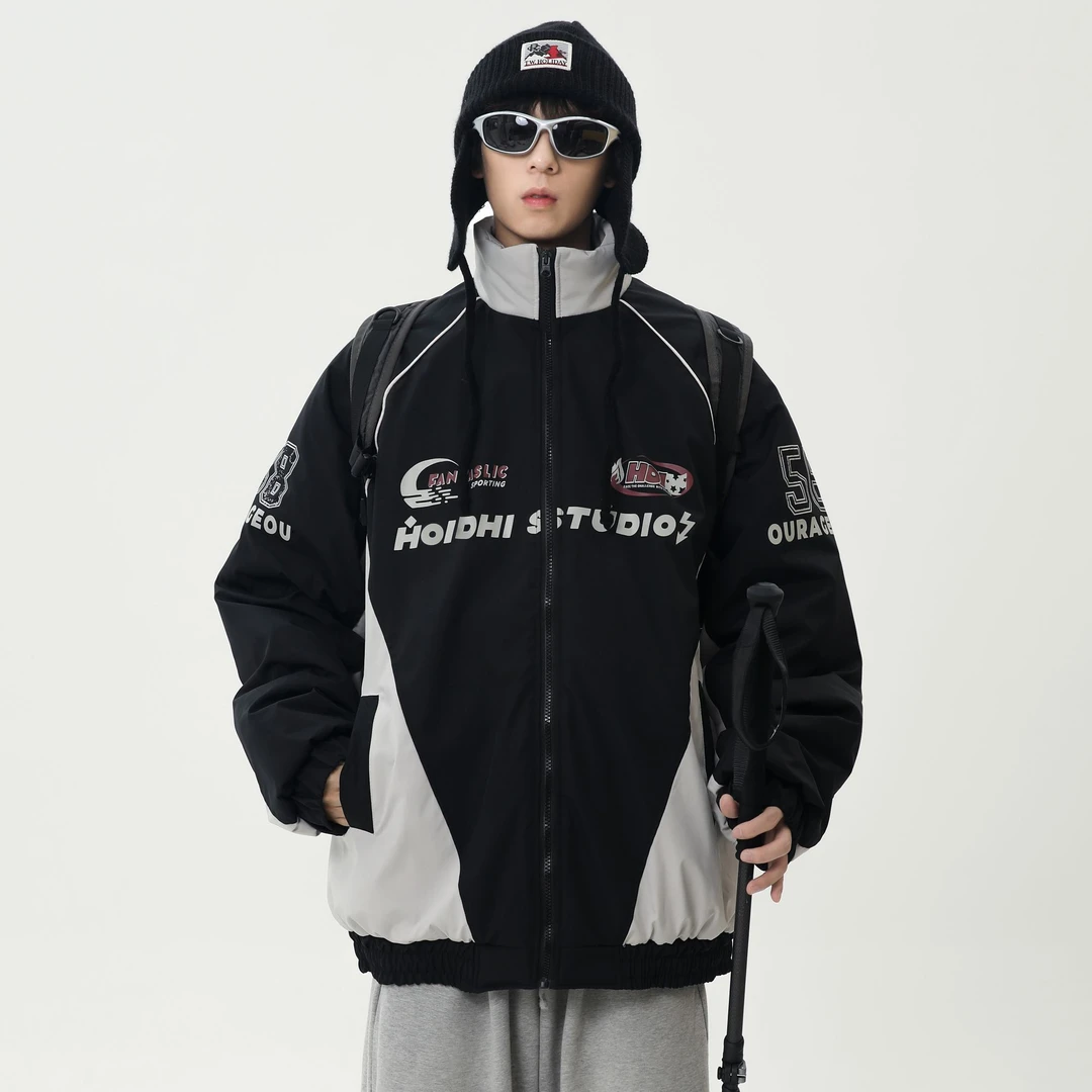 美式复古撞色印花立领机车男秋冬季新款潮牌宽松休闲百搭棉服外套