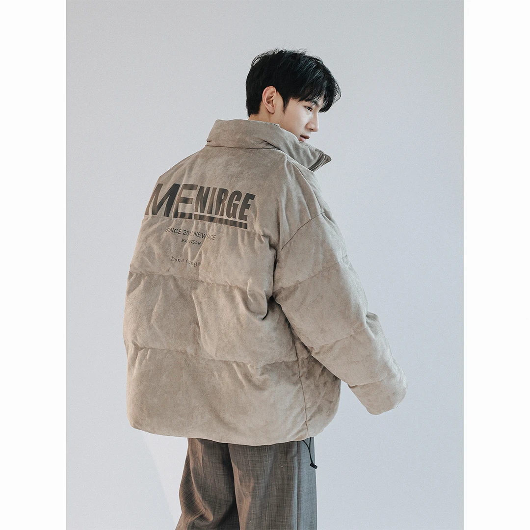 立领棉服男款冬季字母印花外套加厚保暖棉衣美式复古麂皮绒棉袄子