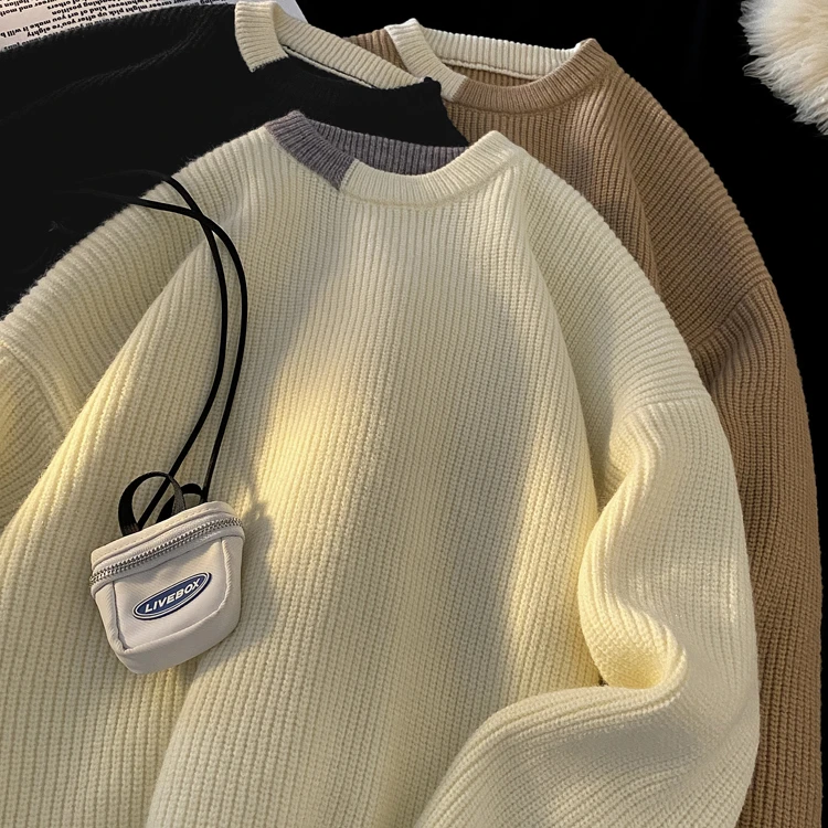 圆领撞色毛衣男秋冬季新款慵懒风百搭上衣美式休闲情侣潮流针织衫