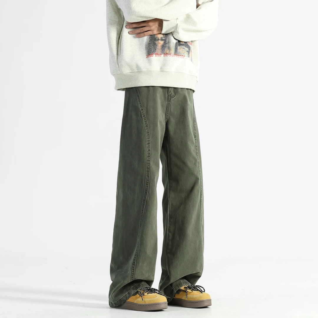 美式水洗休闲裤男士秋季新款潮流纯色简约设计青少年宽松百搭长裤