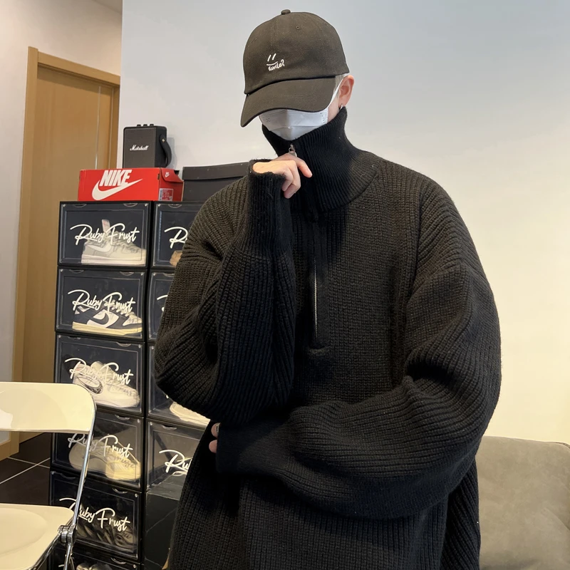 半拉链高领毛衣打底衫男款2023秋冬慵懒感潮牌针织衫宽松内搭毛衣