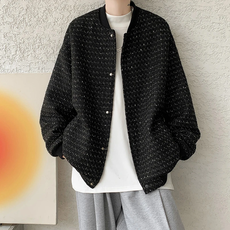小香风夹克外套男款秋冬季宽松休闲千鸟格棒球服百搭呢子潮牌衣服