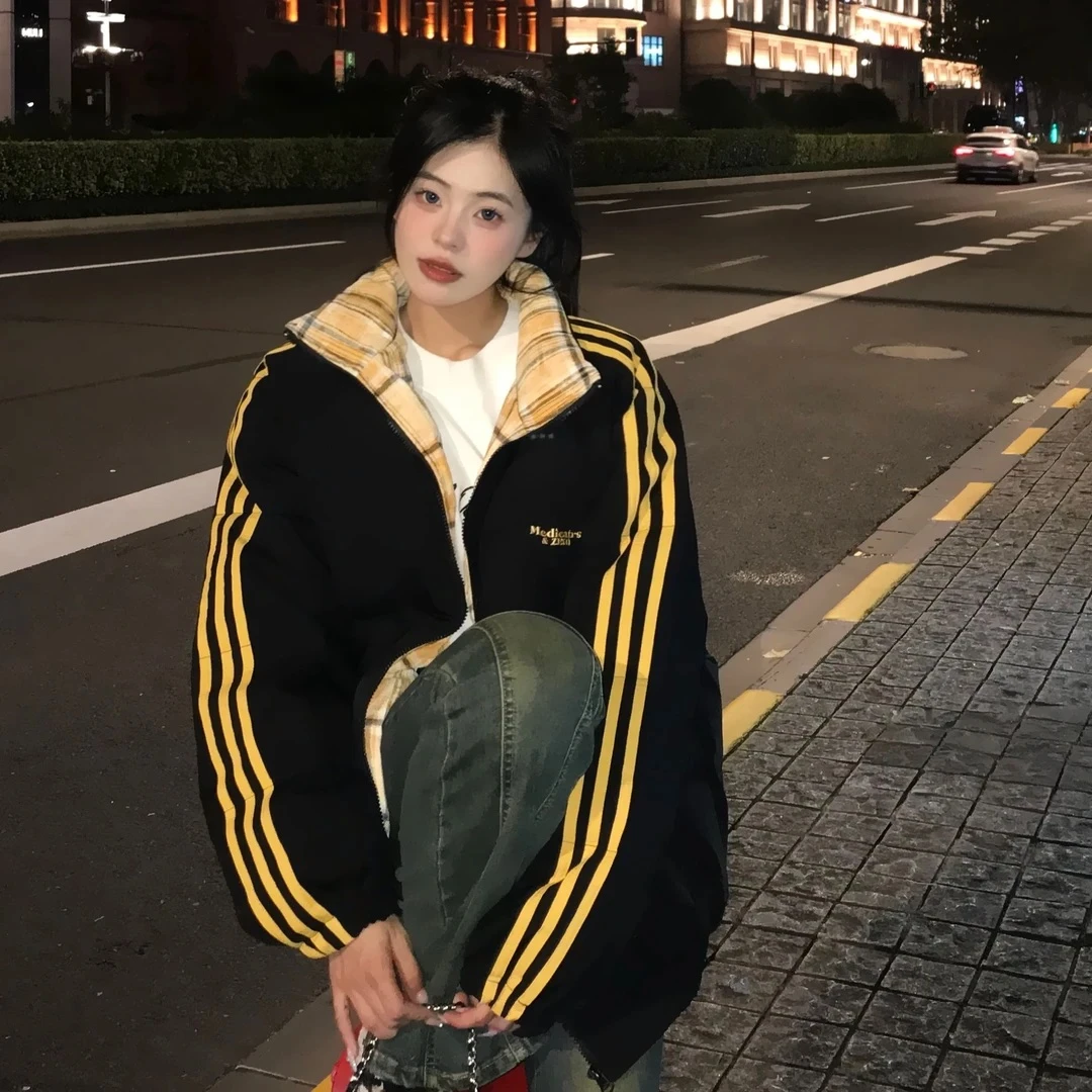 麻瓜织带条纹棉服男女款冬季加厚情侣格子棉衣cleanfit立领面包服