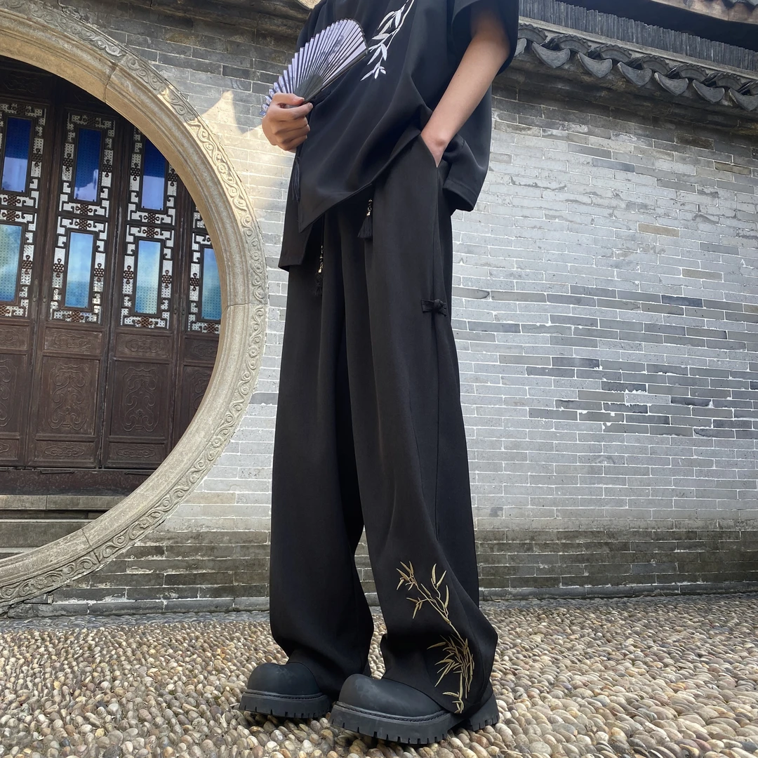 新中式国风竹子刺绣裤子男2024春夏季宽松直筒垂感休闲裤衬衫套装