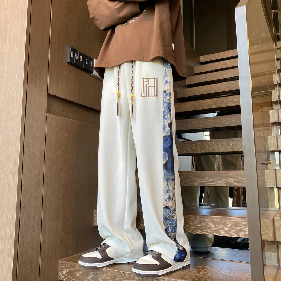 菠萝格休闲长裤子男春秋季美式拼接小熊直筒裤宽松百搭垂感运动裤