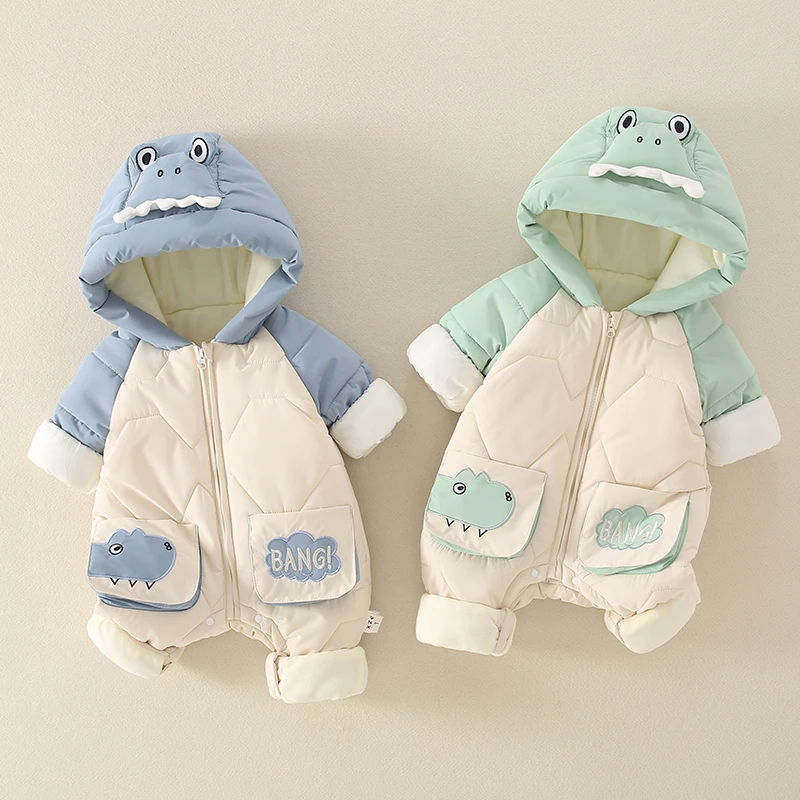 婴儿衣服冬装夹棉连体衣新生儿宝宝超萌鳄鱼保暖棉服哈衣冬季抱衣