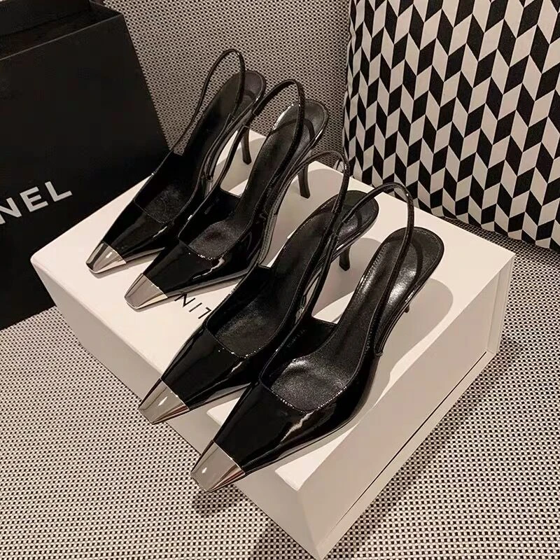 黑色高跟鞋2025年漆皮方头后空一字带凉鞋性感包头气质百搭单鞋女