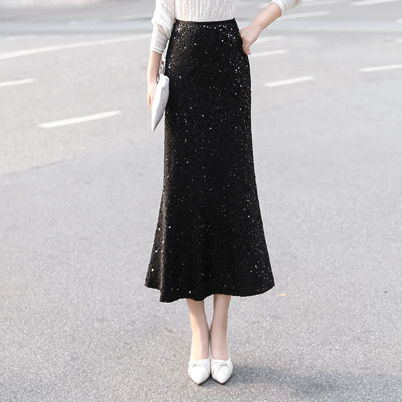 秋冬新款高腰修身半身裙子低调重工亮片闪闪显瘦包臀鱼尾裙中长裙