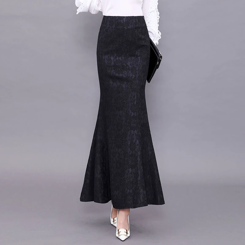 秋冬新款蕾丝半身裙包裙长裙大摆裙子修身显瘦黑色高腰包臀鱼尾裙