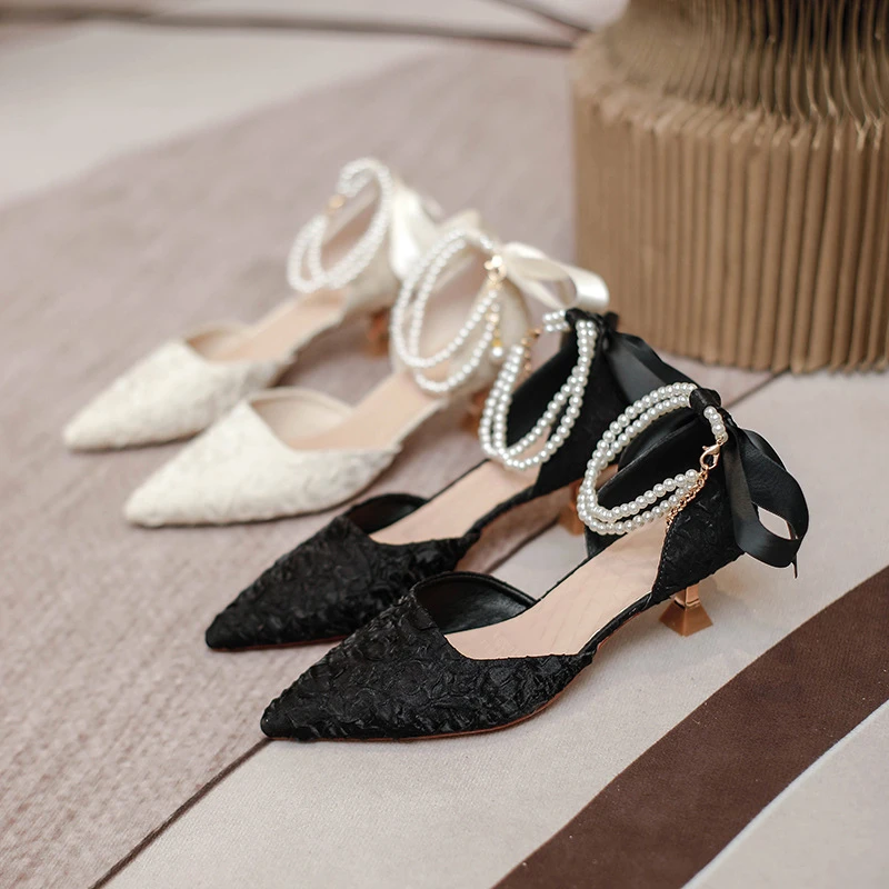 舒适款~包头凉鞋女2024夏季尖头中空小跟鞋珍珠蝴蝶结高跟鞋仙女