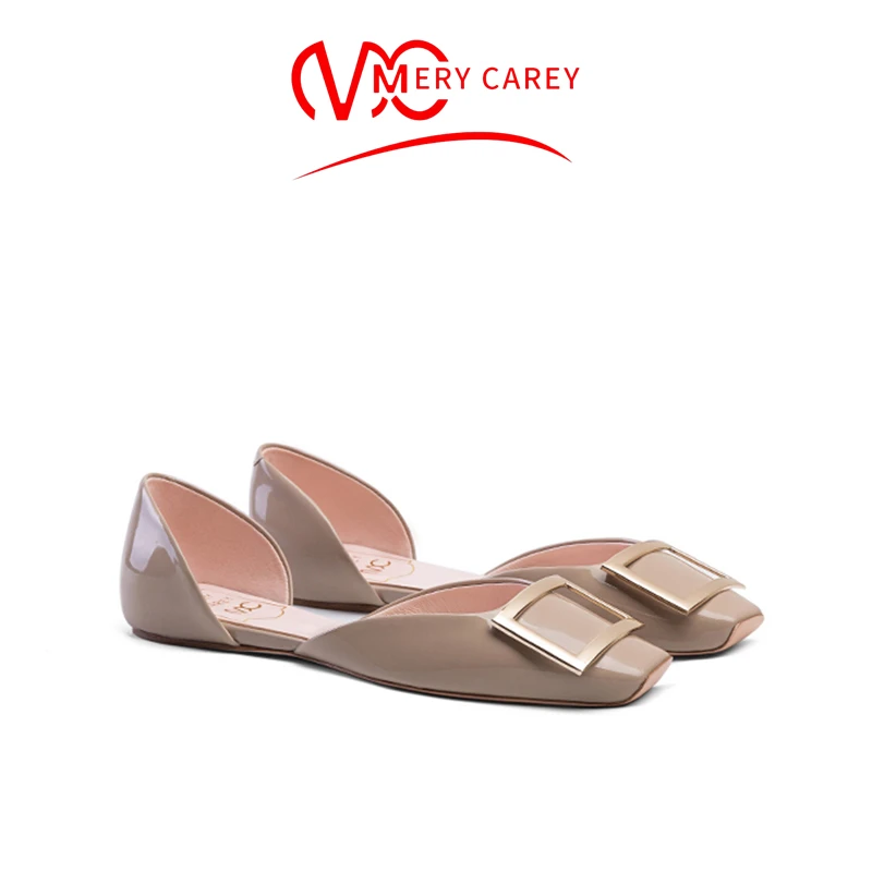 rv漆皮中空方扣平底单鞋女2025新款夏季浅口方头通勤女士平跟婚鞋