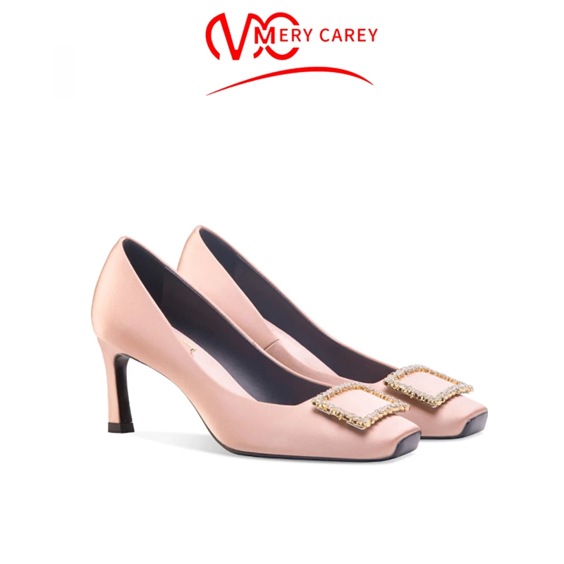 2025新款rv水钻方扣单鞋法式高跟鞋女职业细跟气质名媛高级感婚鞋