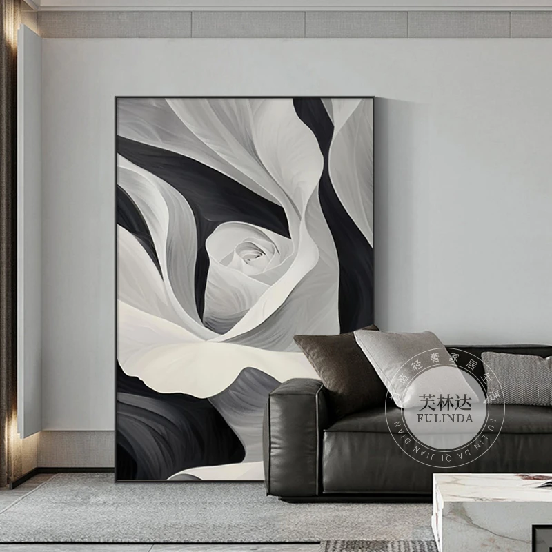 黑白高档客厅装饰画抽象花卉落地沙发背景墙壁画现代简约玄关挂画