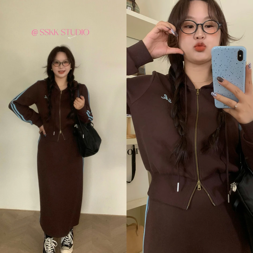 KMZY/KMZY山_山【复古秋意】微胖女装韩版复古条纹外套+半身裙套装