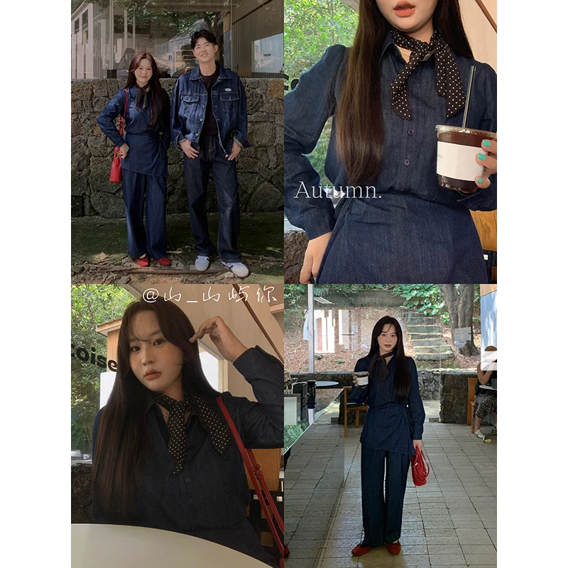 KMZY/KMZY山_山【博主套装】微胖mm韩版可盐可甜牛仔三件套（带丝巾）