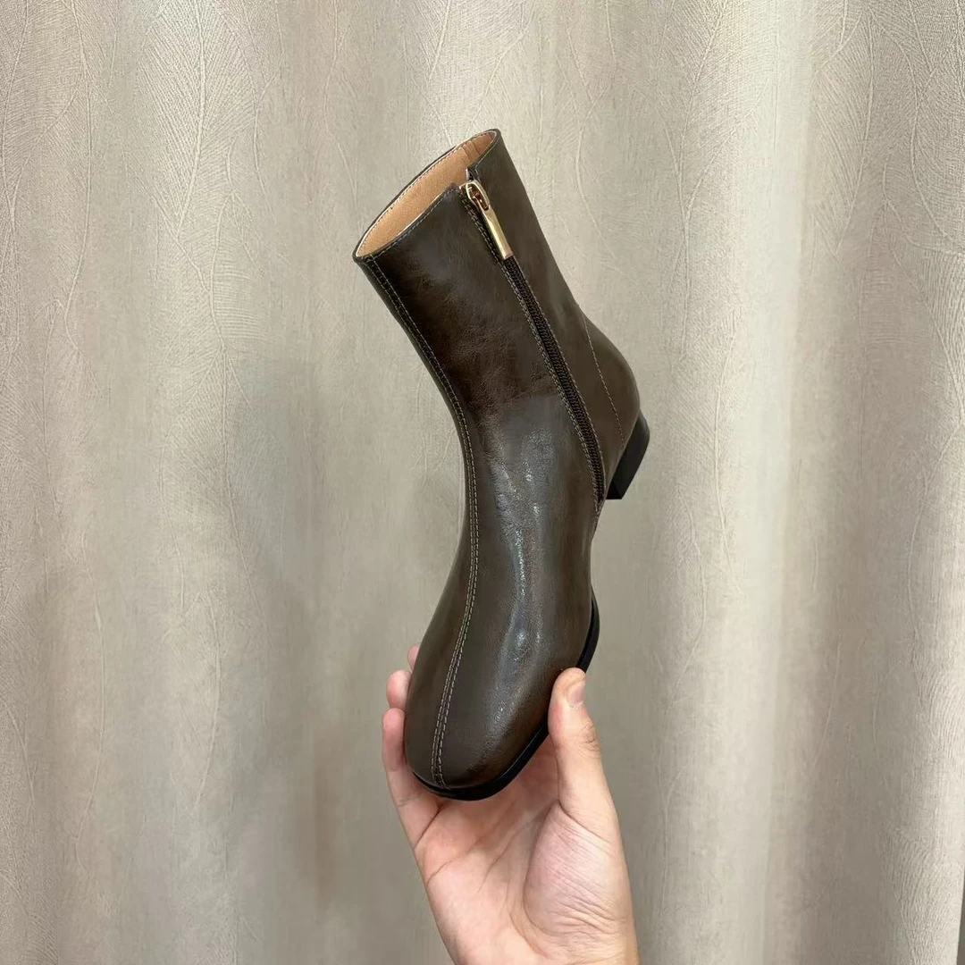 法式复古圆头粗跟短靴女2024秋冬季新款真皮侧拉链黑色弹力瘦瘦靴