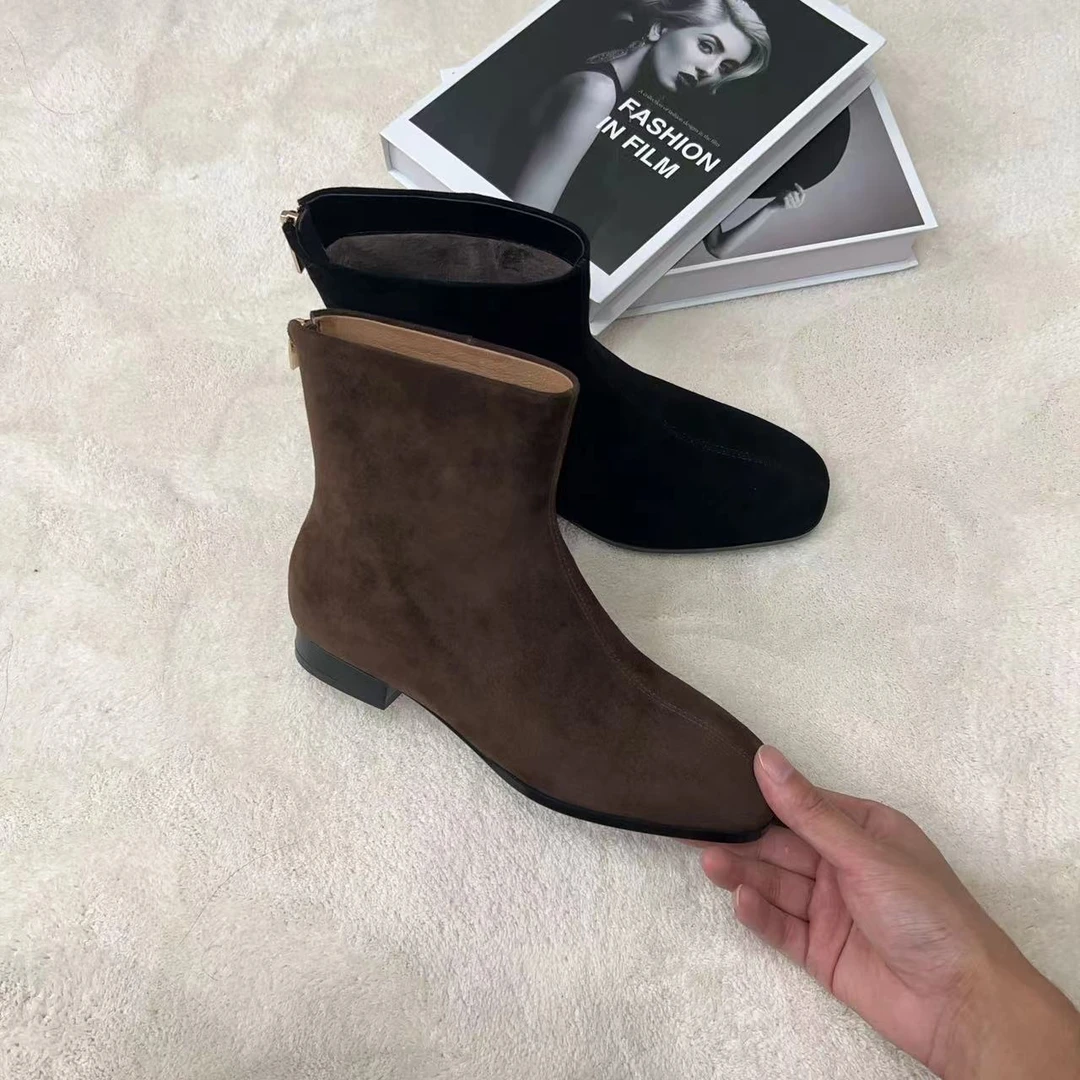 粗跟方头韩系小踝靴女2024新款秋冬靴子时尚百搭瘦瘦靴洋气小短靴