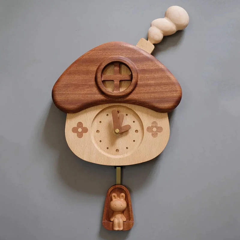 兔子小房子挂钟静音摆钟实木质创意可爱原木风客厅儿童房家用时钟