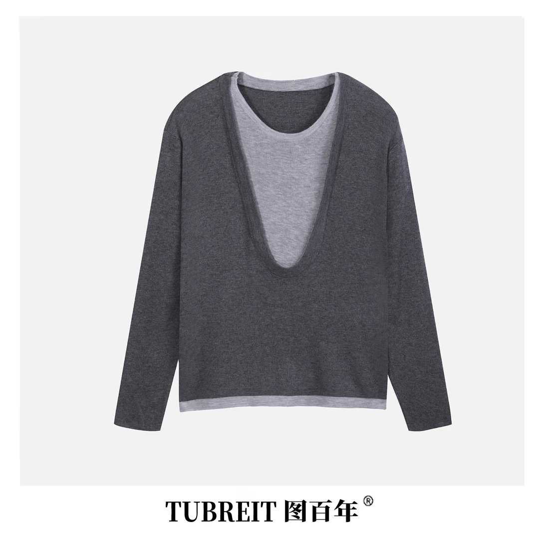 TUBREIT/图百年韩版时尚拼色大码宽松羊毛长袖针织衫春夏毛衣上衣