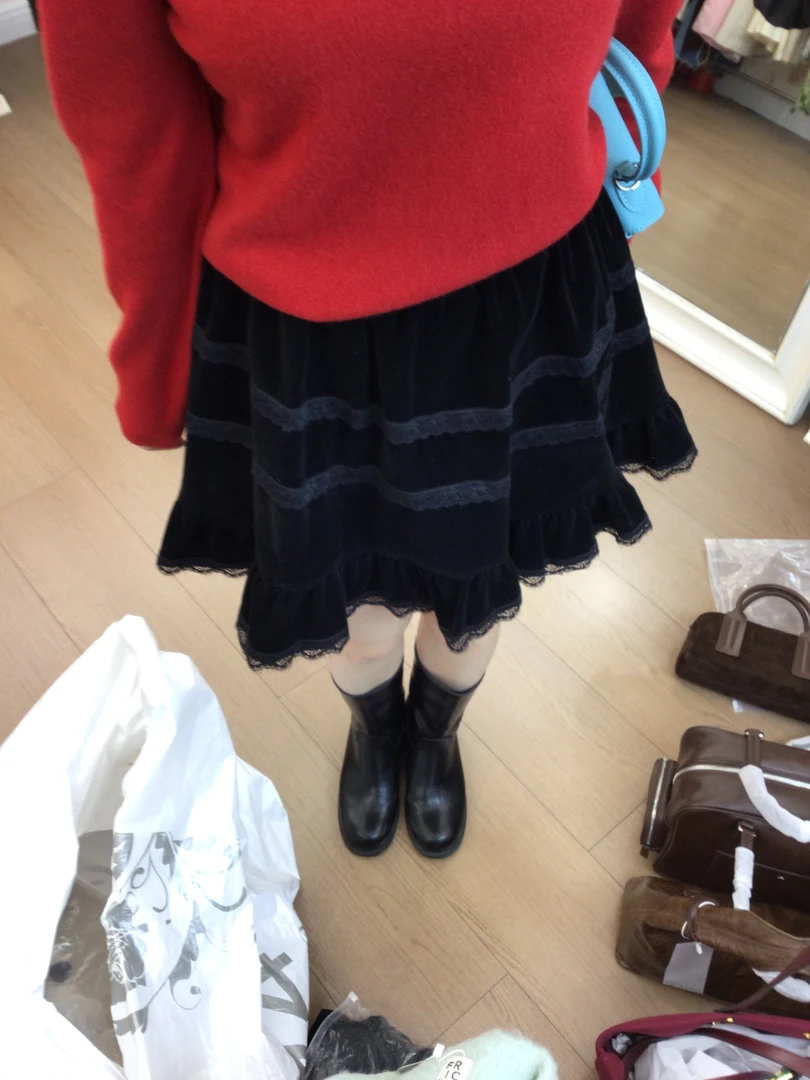 韩国东大门丝绒拼接短裙