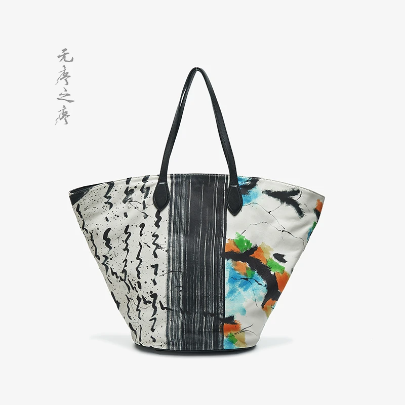 原创意大利进口牛皮手绘艺术时尚单肩AB面双用大托特女包