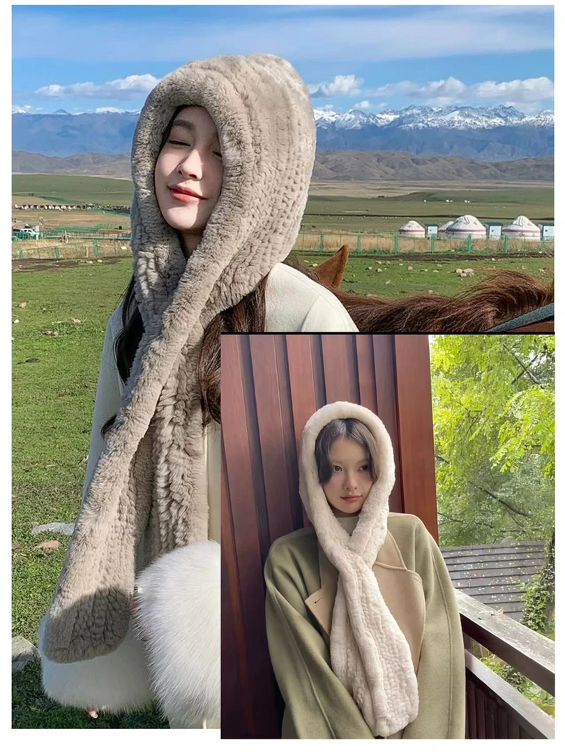 [分开版獭兔围巾帽]网红同款冬季保暖双层加厚韩版防寒时尚室外帽