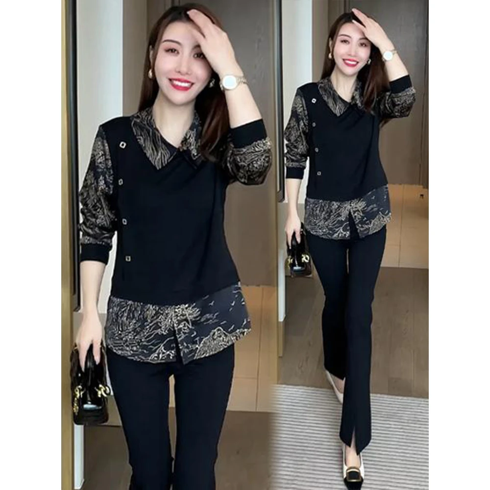 日常新中式新款衬衫女装洋气流行早秋装洋气假两件长袖上衣