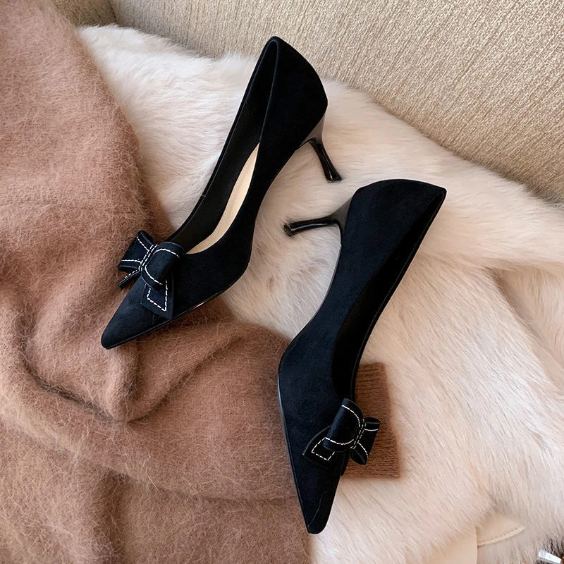 2025春季新款气质高跟鞋女细跟尖头浅口百搭黑色职业工作单鞋女