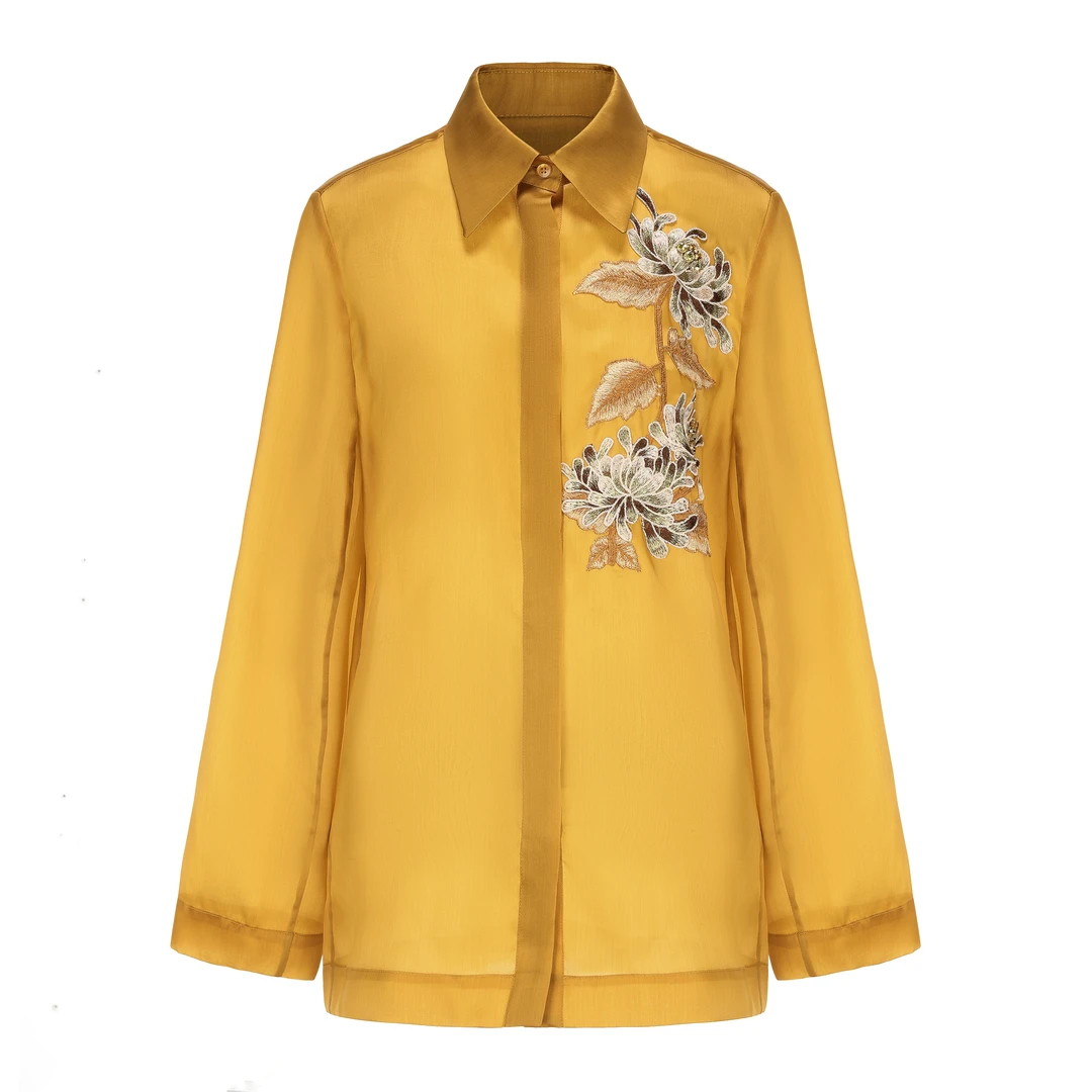 [鸢岘]  菊影生花姜黄色刺绣钉珠长袖中式衬衫