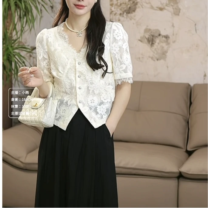 宿慕女装蕾丝小衫春夏2024新款百搭提花短袖衬衫镂空打底衫女3203