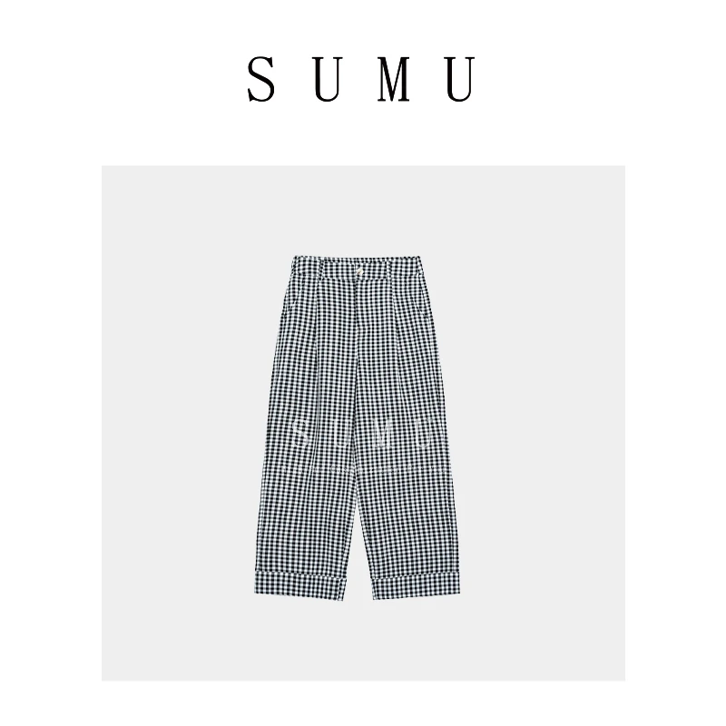 宿慕SUMU 女士格纹九分裤 5-18 夏季新款时尚百搭休闲裤1062