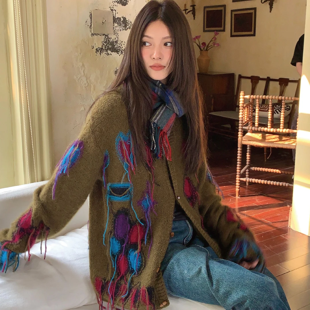 YANAG破碎流苏流浪诗人牛角扣开衫