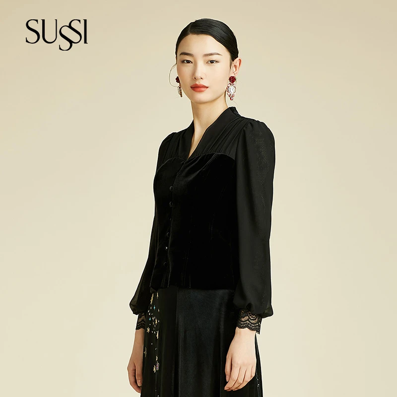 SUSSI/古色冬季新品商场同款黑色V领前中钉扣泡泡长袖上衣女