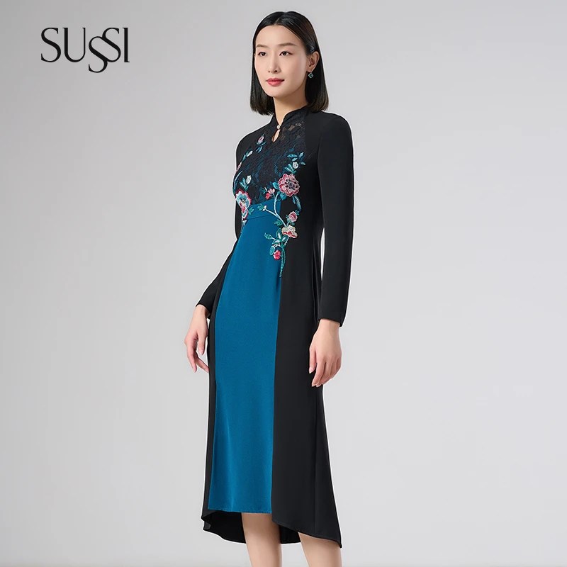 SUSSI/古色春季新品商场同款黑色新中式改良旗袍刺绣连衣裙女显瘦