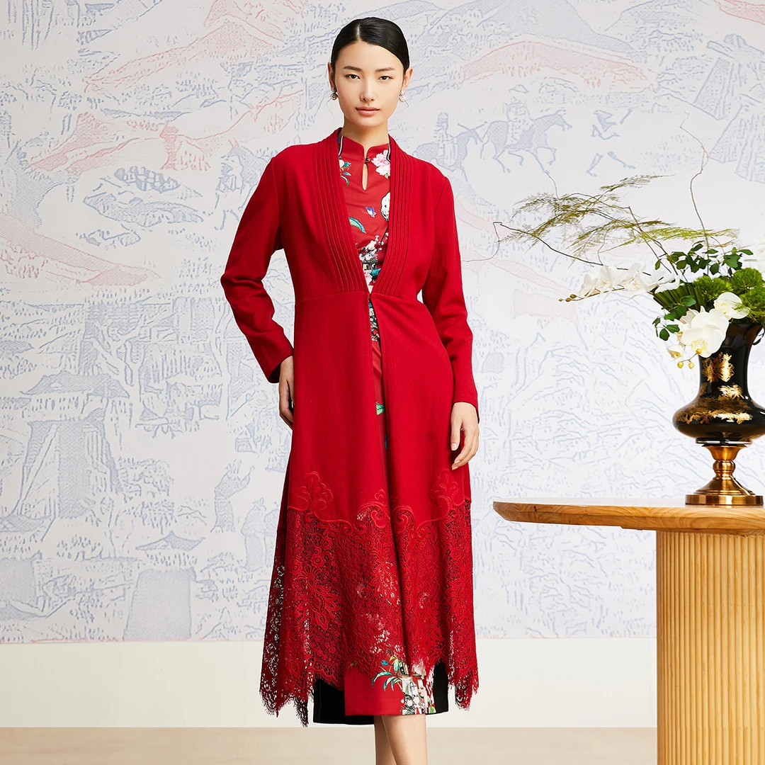 SUSSI/古色秋季新年红装针织毛呢高贵拼接大衣国风大衣气质新中式