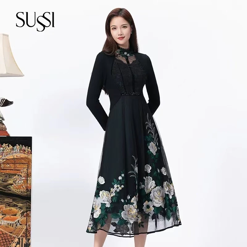 【丝路长安】SUSSI/古色秋季新品商场同款立领X型优雅显瘦连衣裙