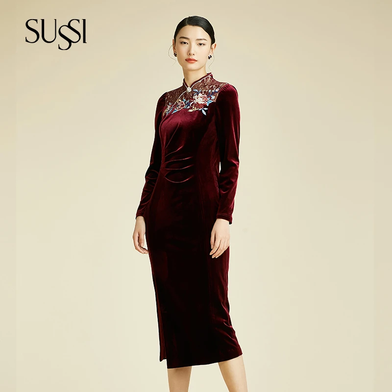 SUSSI/古色冬季新品商场同款新年红装新中式改良旗袍刺绣连衣裙