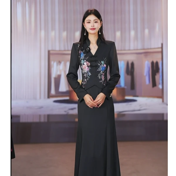 【水墨】SUSSI/古色立领长袖假兩件印花鱼尾连衣裙显瘦气质