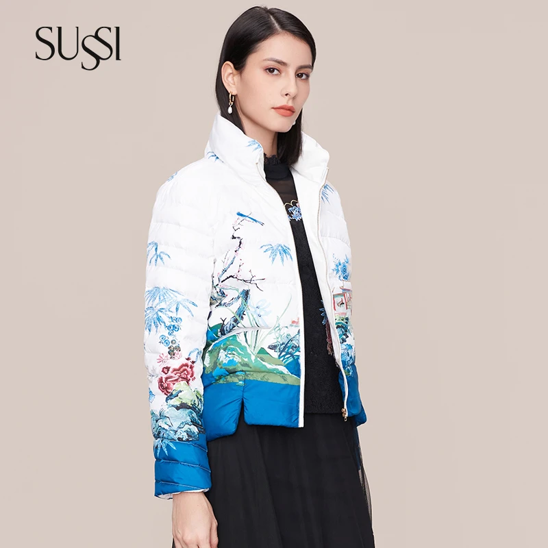 SUSSI/古色冬季新品商场同款白底印花羽绒外套气质百搭