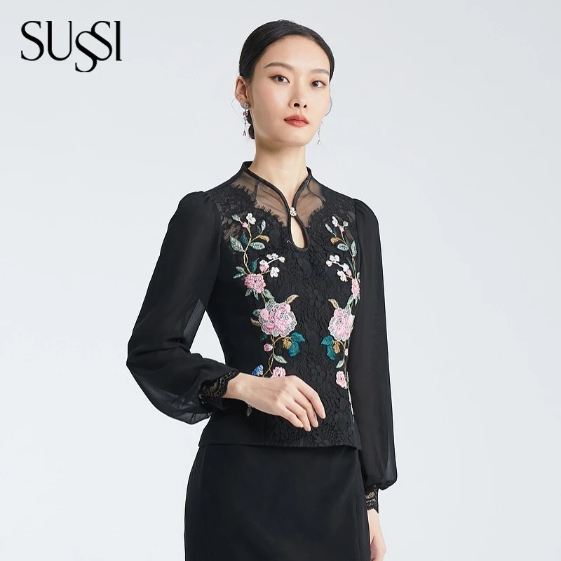 SUSSI/古色24秋季新品商场同款黑色蕾丝刺绣百搭款经典收腰上衣女