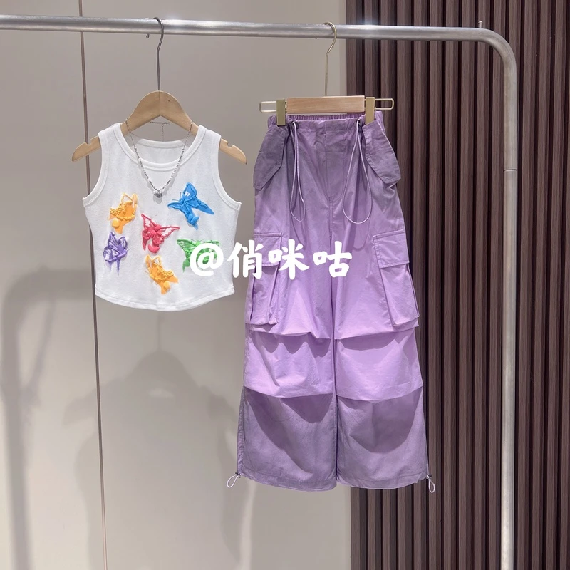 俏咪咕女童2024美式多巴胺炸街蝴蝶背心束脚休闲伞兵裤工装裤套装