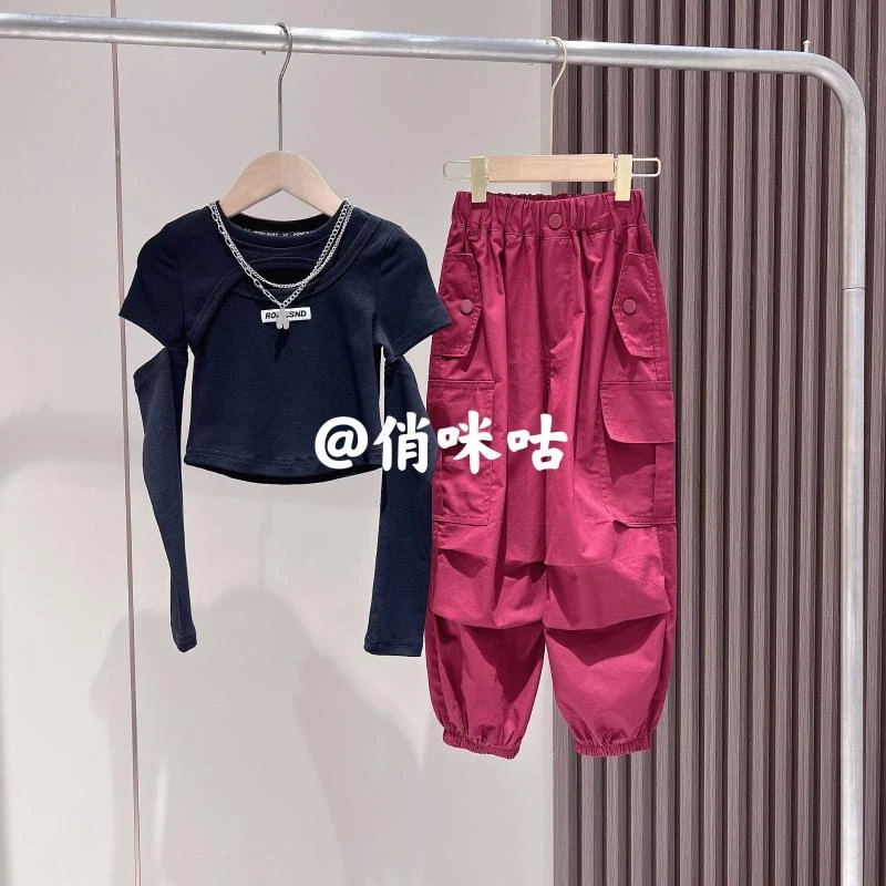 俏咪咕女童秋季新款韩版心机露肩T恤工装裤套装