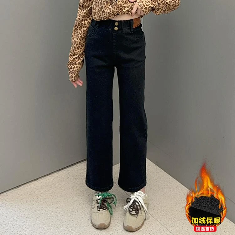 女童2024秋冬加绒黑色直筒牛仔裤小个子宽松高腰烟管裤子
